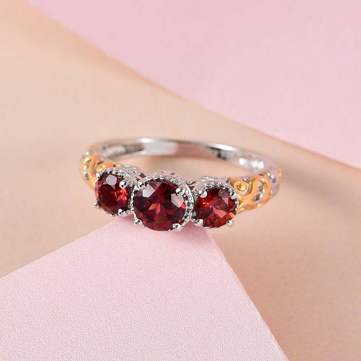 Mozambique Garnet 1.25 ctw Trilogy Ring in Vermeil Yellow Gold and Platinum Over Sterling Silver (Size 6.0)  image number 5