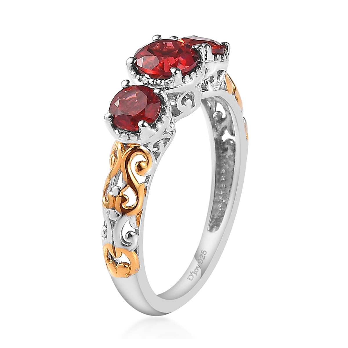 Mozambique Garnet 1.25 ctw Trilogy Ring in Vermeil Yellow Gold and Platinum Over Sterling Silver (Size 6.0)  image number 6