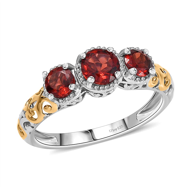 D'Joy Mozambique Garnet Trilogy Ring in Vermeil YG and Platinum Over Sterling Silver 1.30 ctw (Size 7.0)