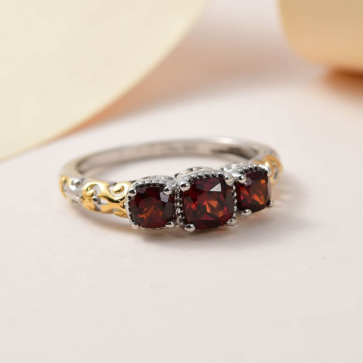 Mozambique Garnet Trilogy Ring in Vermeil Yellow Gold and Platinum Over Sterling Silver (Size 7.0) 1.25 ctw image number 4
