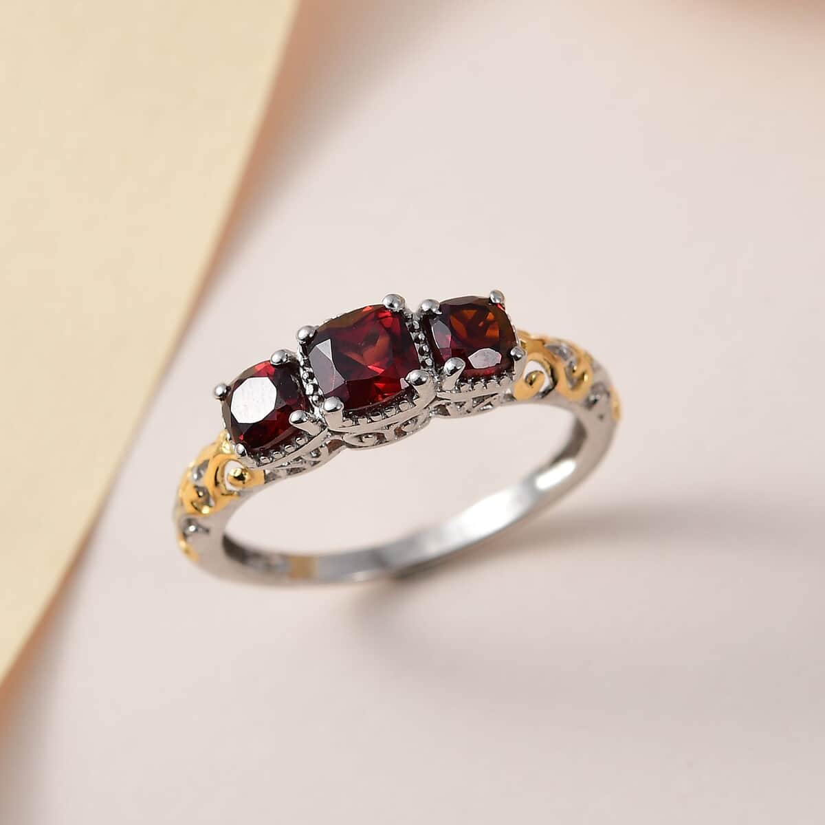 Mozambique Garnet Trilogy Ring in Vermeil Yellow Gold and Platinum Over Sterling Silver (Size 7.0) 1.25 ctw image number 5
