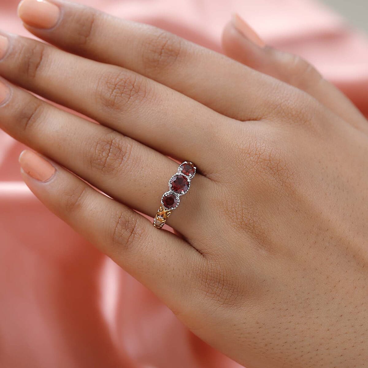D'Joy Mozambique Garnet 1.25 ctw Trilogy Ring in Vermeil Yellow Gold and Platinum Over Sterling Silver (Size 9.0) image number 1