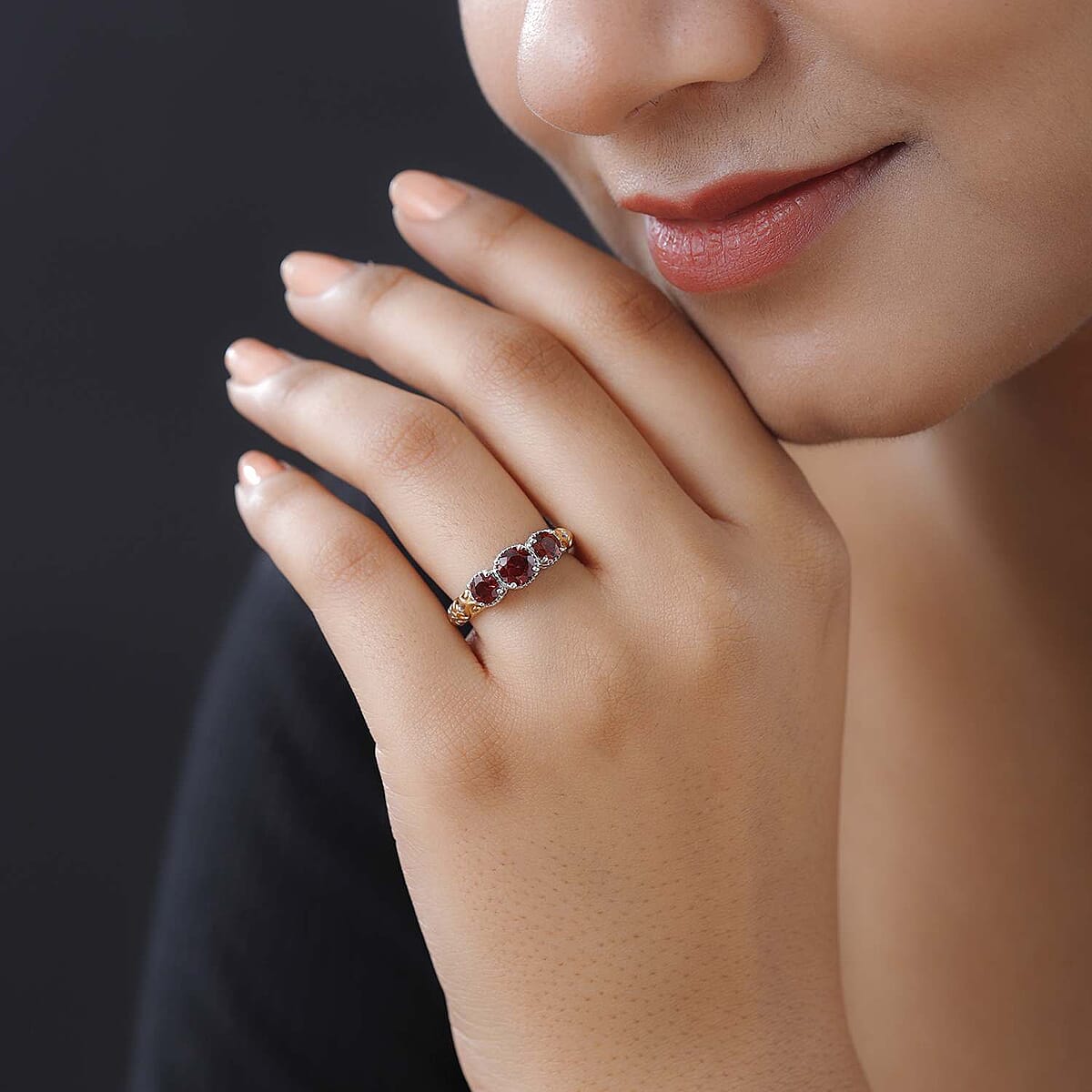 D'Joy Mozambique Garnet 1.25 ctw Trilogy Ring in Vermeil Yellow Gold and Platinum Over Sterling Silver (Size 9.0) image number 3