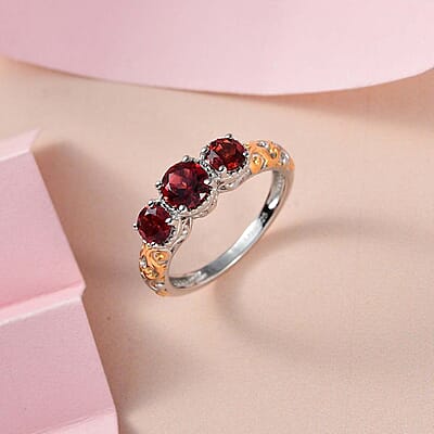 D'Joy Mozambique Garnet Trilogy Ring in Vermeil YG and Platinum Over Sterling Silver 1.30 ctw (Size 9.0)