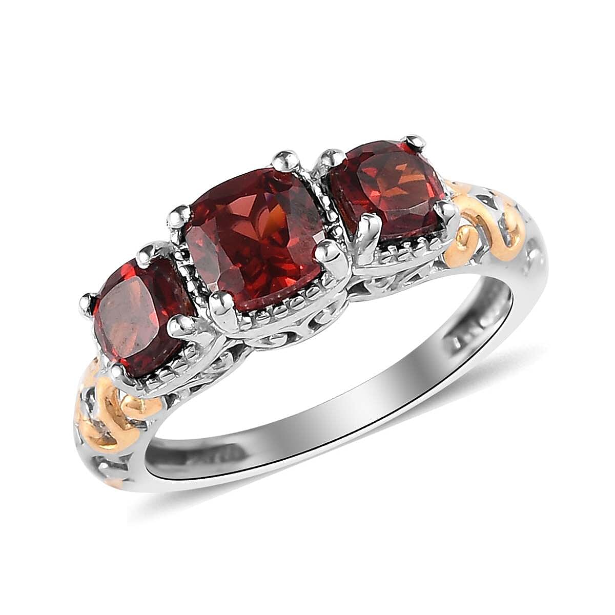 D'Joy Mozambique Garnet 1.25 ctw Trilogy Ring in Vermeil Yellow Gold and Platinum Over Sterling Silver
