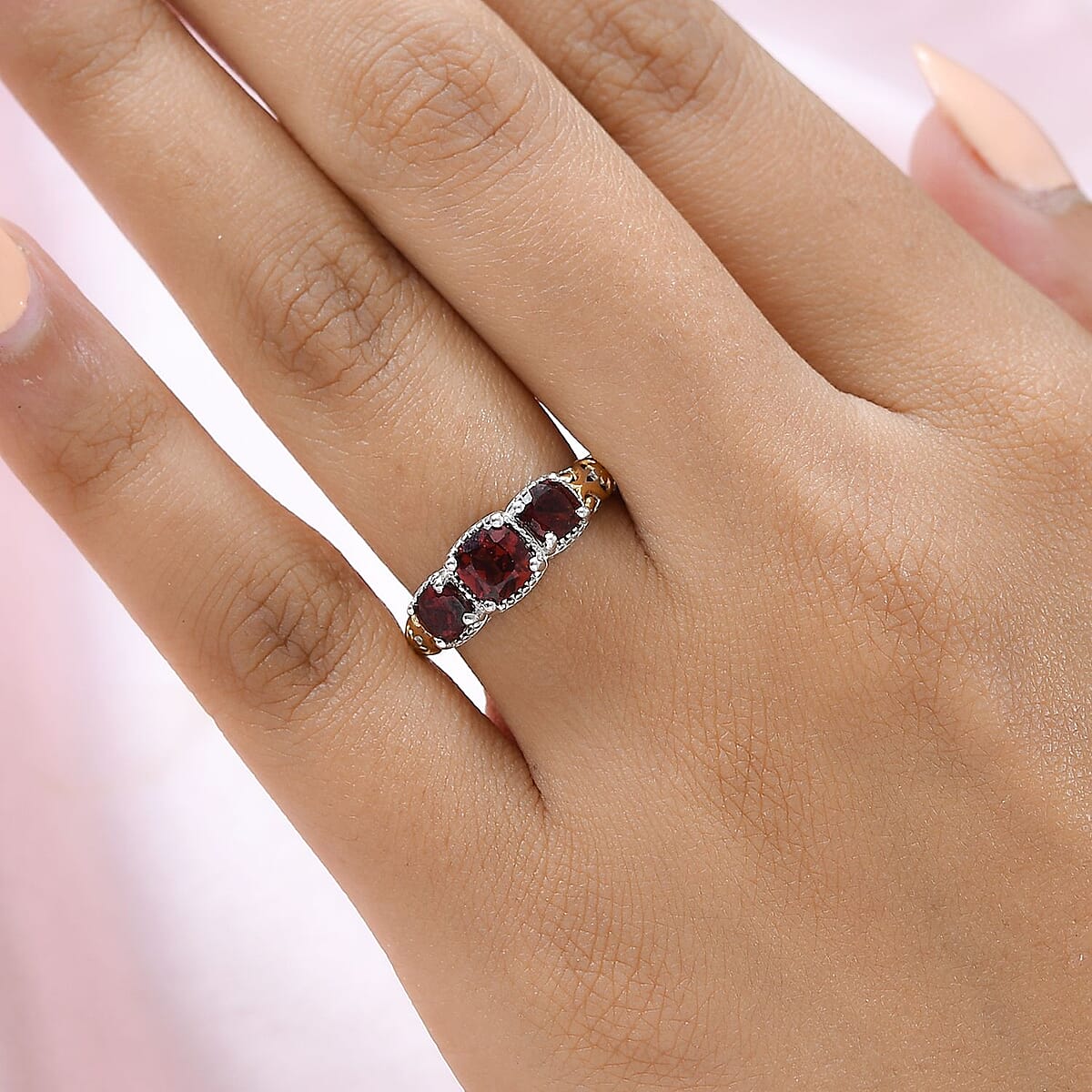 D'Joy Mozambique Garnet 1.50 ctw Trilogy Ring in Vermeil Yellow Gold and Platinum Over Sterling Silver (Size 8.0) image number 1