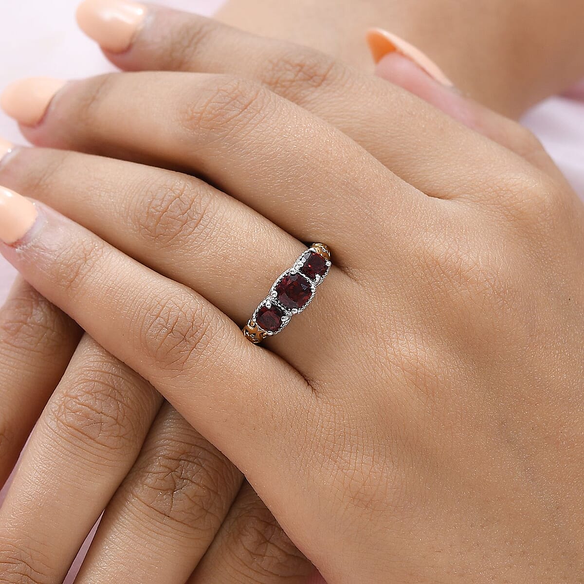 D'Joy Mozambique Garnet 1.50 ctw Trilogy Ring in Vermeil Yellow Gold and Platinum Over Sterling Silver (Size 8.0) image number 2