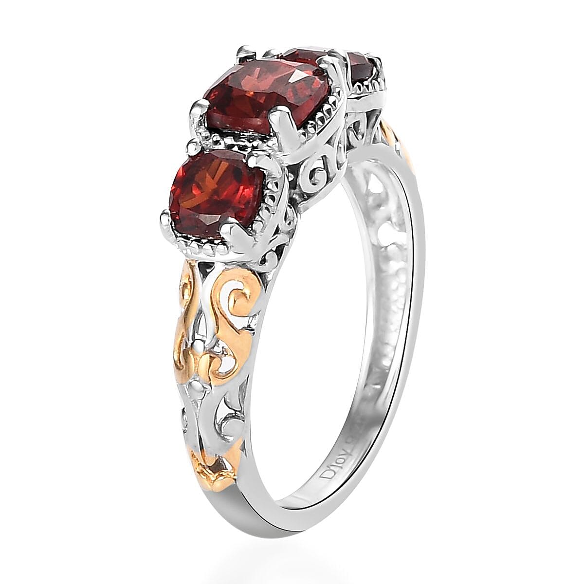 D'Joy Mozambique Garnet 1.50 ctw Trilogy Ring in Vermeil Yellow Gold and Platinum Over Sterling Silver (Size 8.0) image number 5