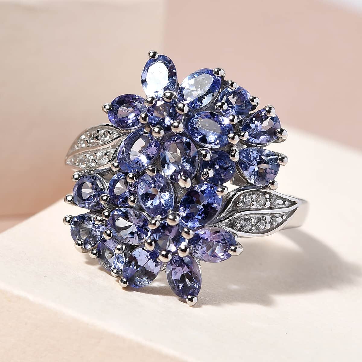 Tanzanite and Natural White Zircon Floral Ring in Platinum Over Sterling Silver (Size 8.0) 3.60 ctw image number 1