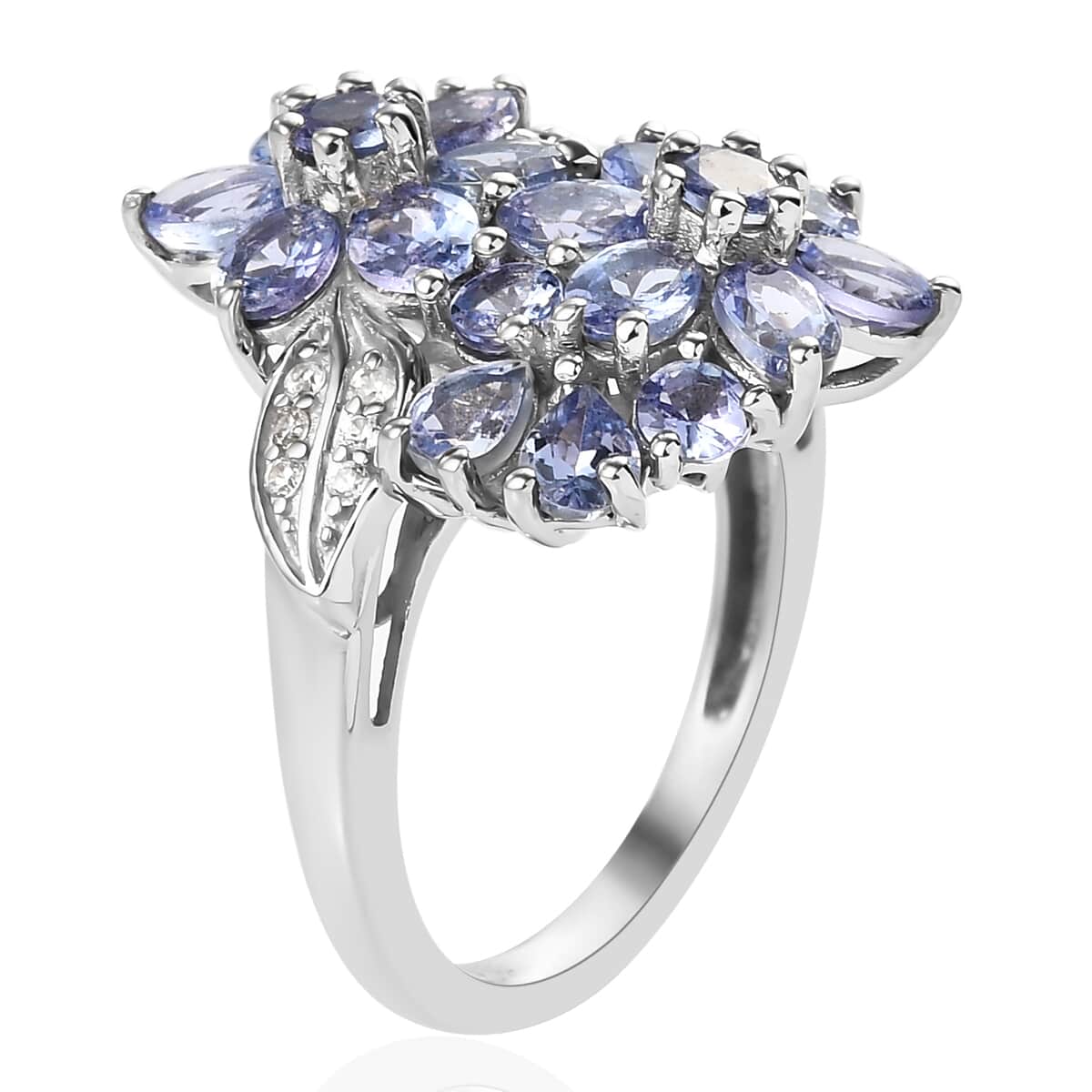 Tanzanite and Natural White Zircon Floral Ring in Platinum Over Sterling Silver (Size 8.0) 3.60 ctw image number 3