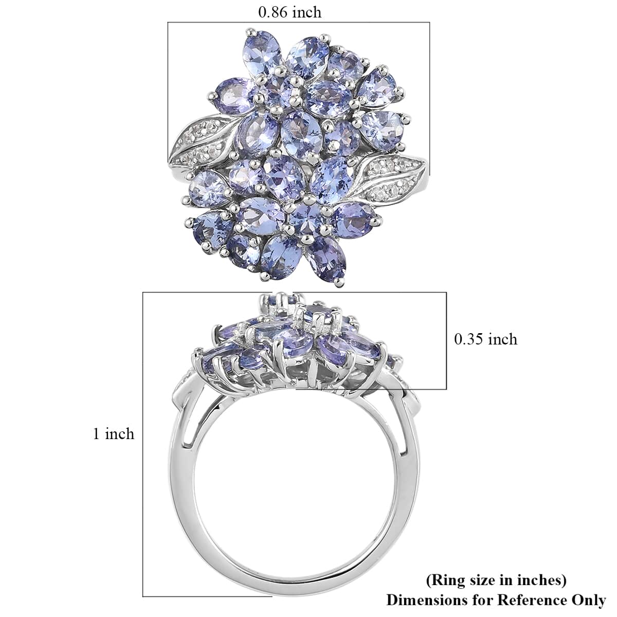Tanzanite and Natural White Zircon Floral Ring in Platinum Over Sterling Silver (Size 8.0) 3.60 ctw image number 5
