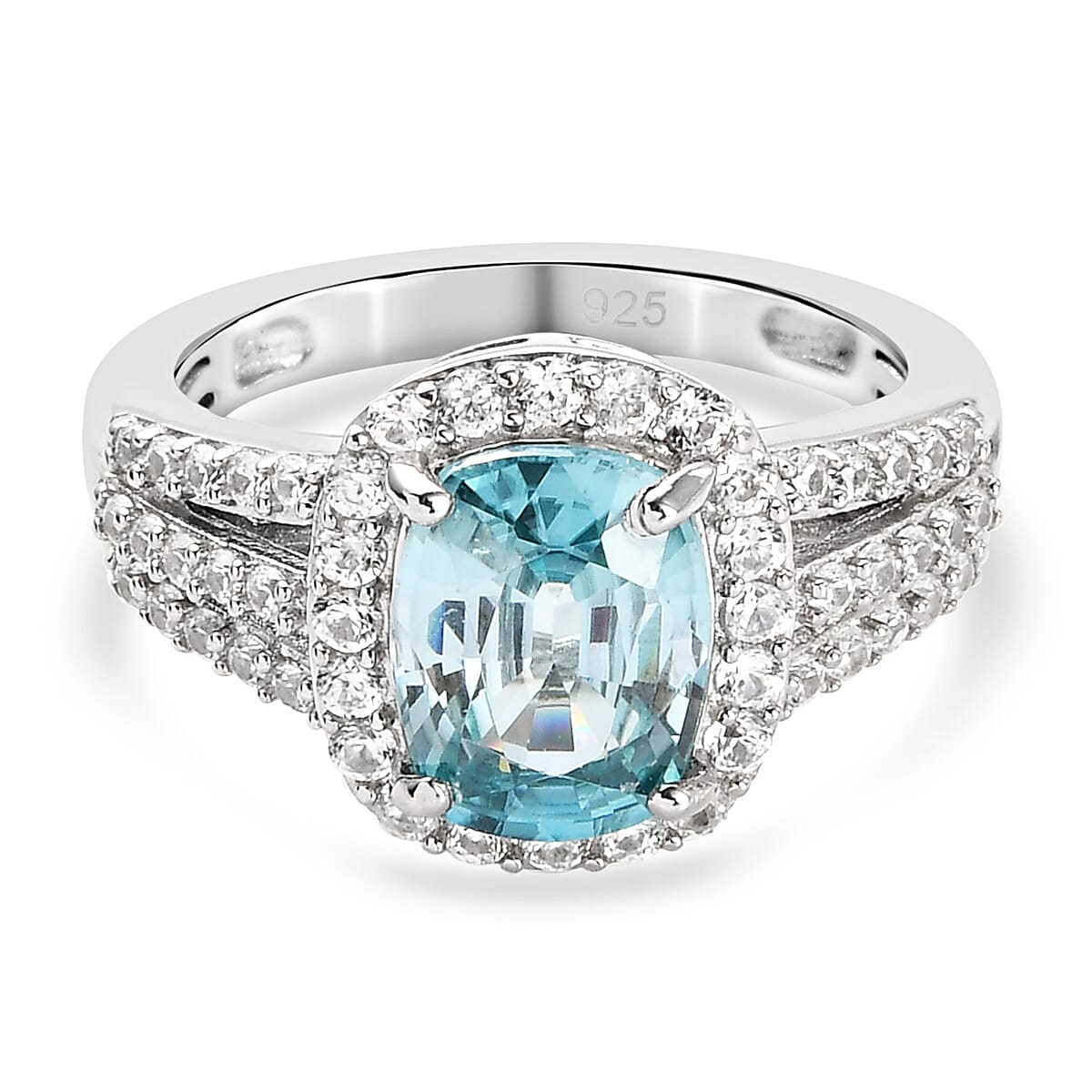 Blue Zircon and White Zircon 3.80 ctw Ring in Platinum Over Sterling Silver (Size 5.5)