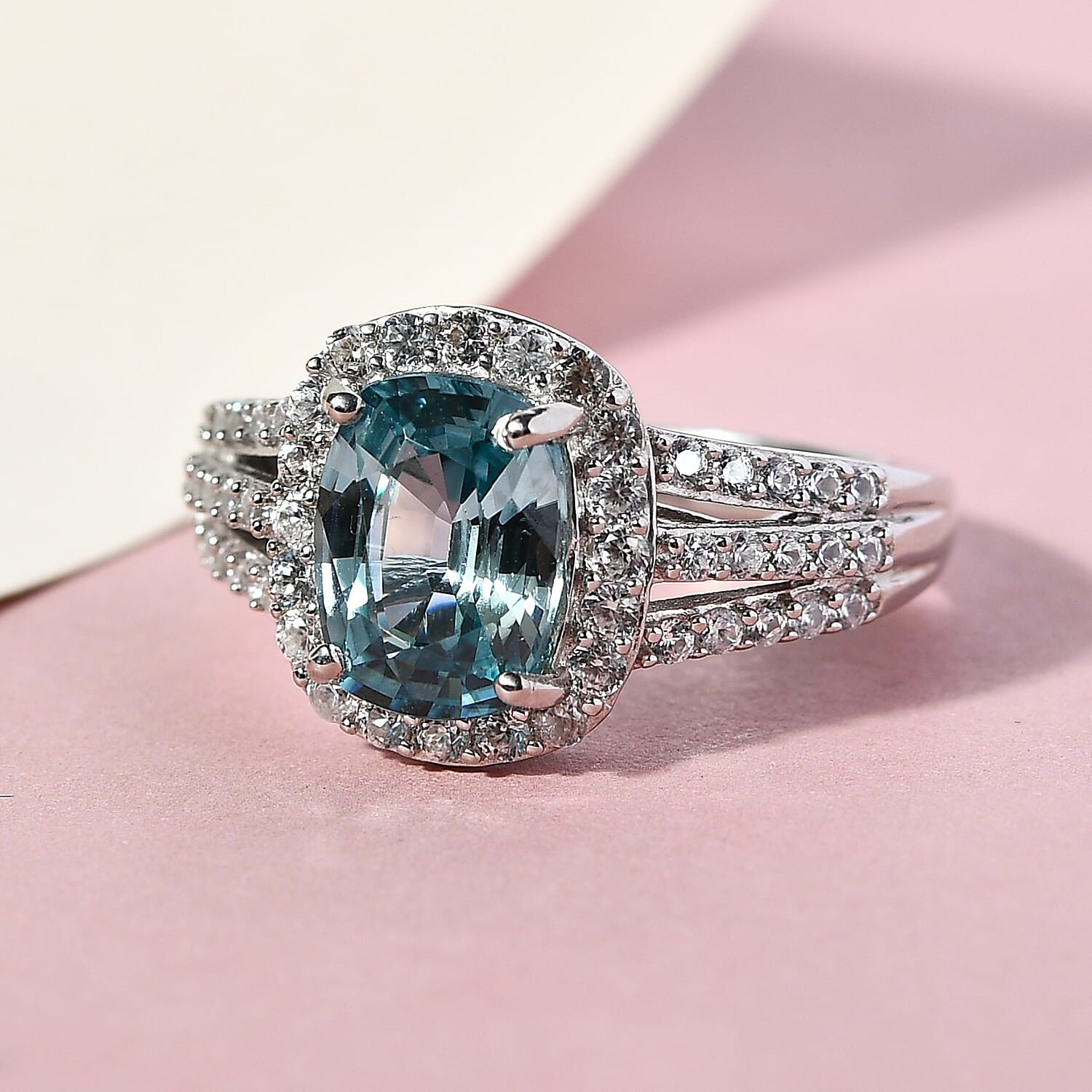 Blue Zircon and White Zircon 3.80 ctw Ring in Platinum Over Sterling Silver (Size 5.5)