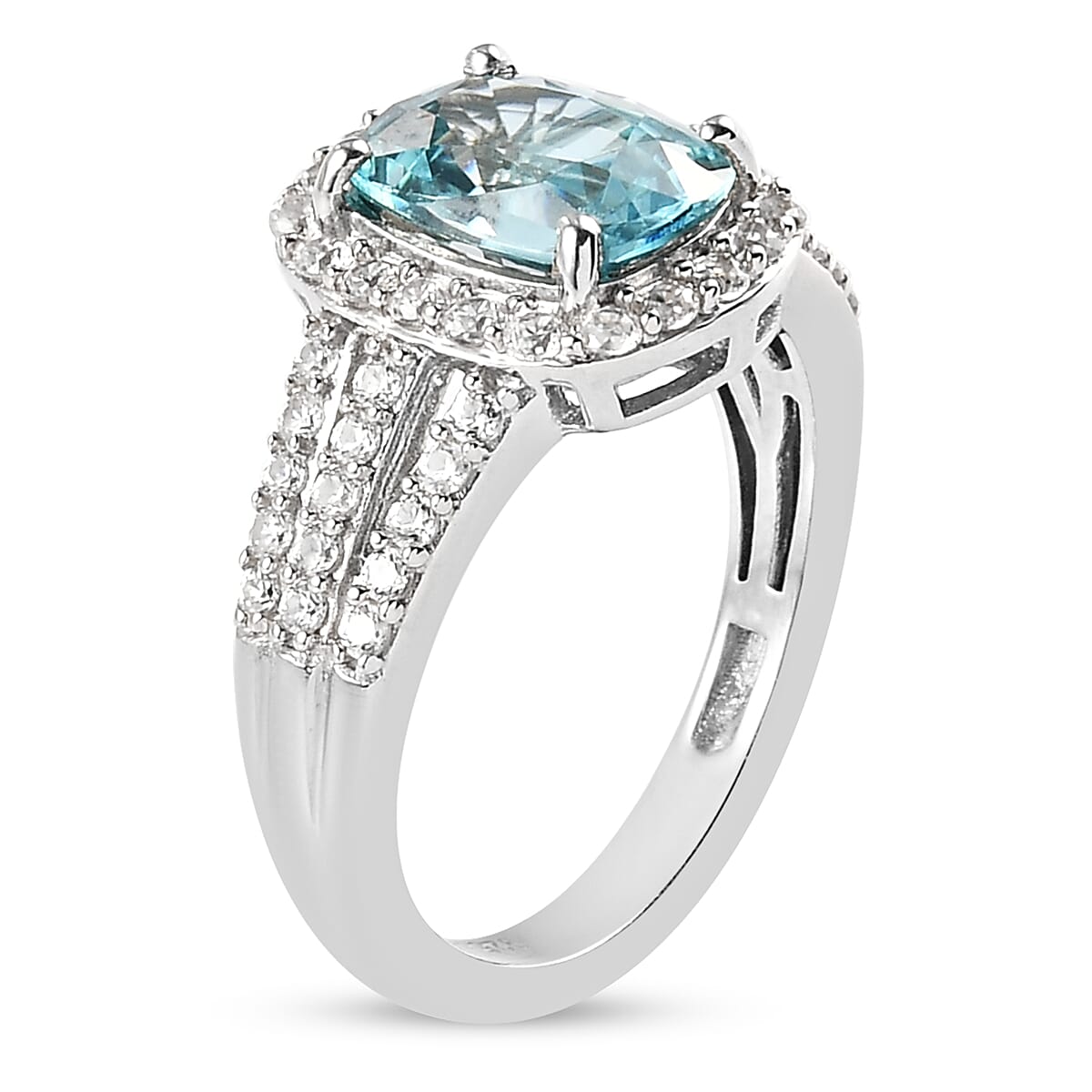 Blue Zircon and White Zircon 3.80 ctw Ring in Platinum Over Sterling Silver (Size 5.5)
