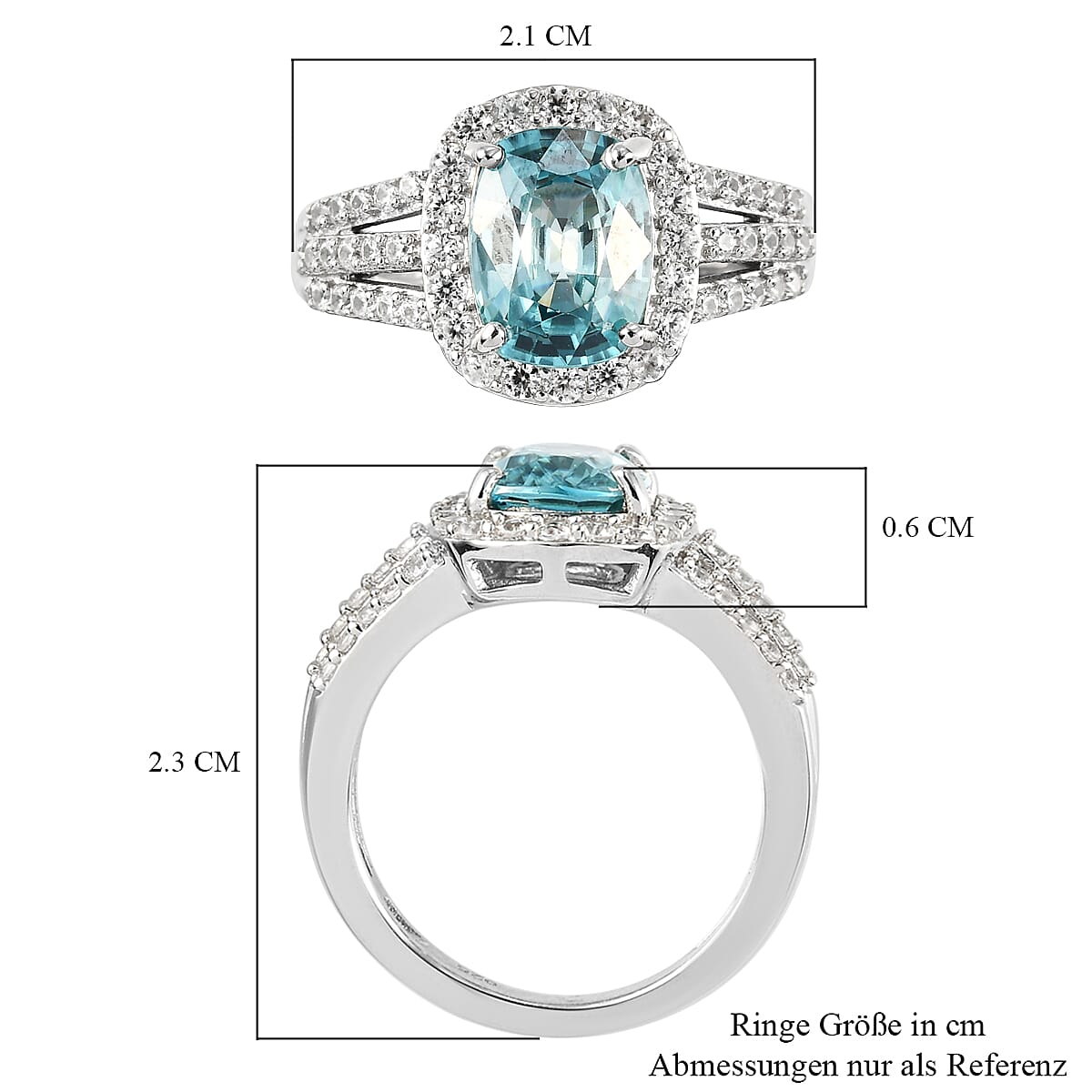 Blue Zircon and White Zircon 3.80 ctw Ring in Platinum Over Sterling Silver (Size 5.5)