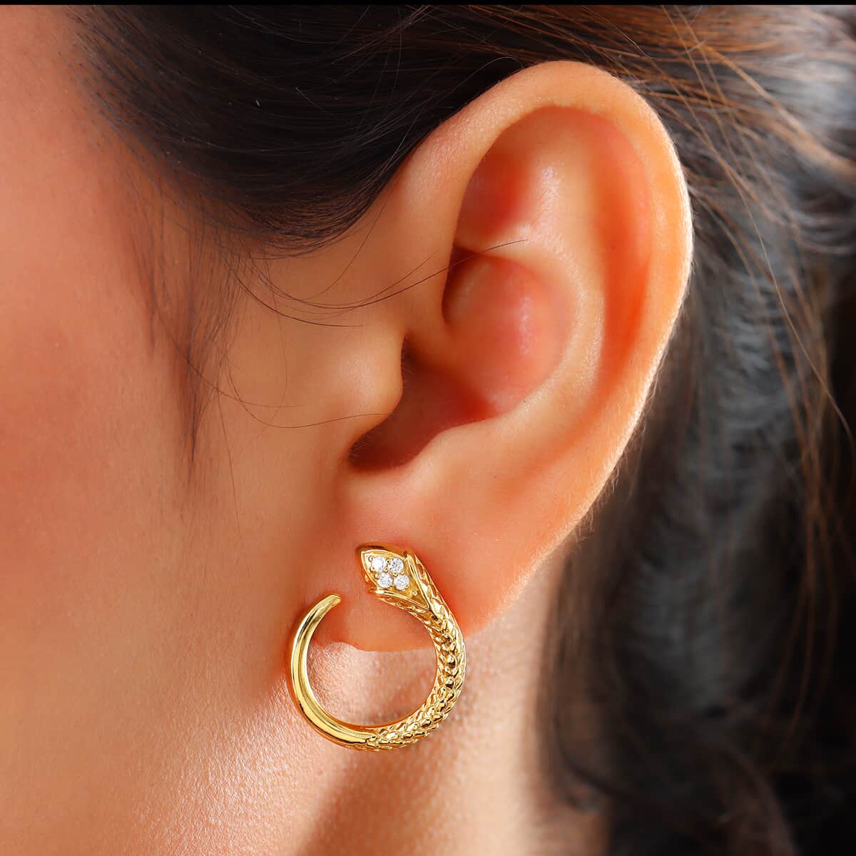KARIS Natural White Zircon The Circle of Life Snake Hoop Earrings in 18K YG Plated 0.15 ctw image number 2