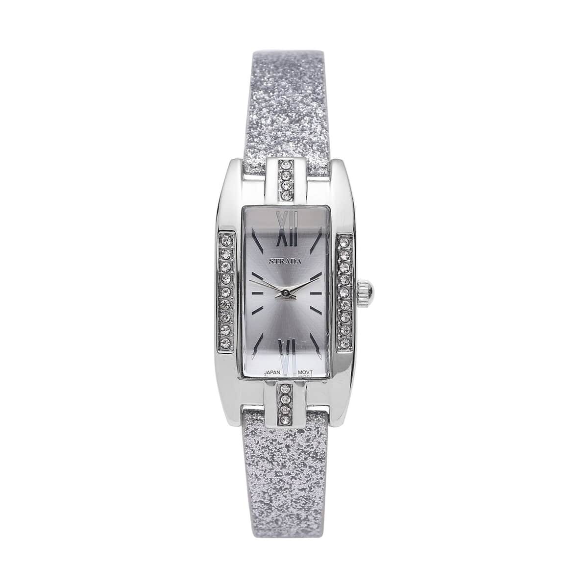 Strada Austrian Crystal Japanese Movement Rectangular Dial Watch with Silver Stardust Faux Leather Strap (37.84x20.30mm) (5.50-7.70 Inches) image number 0