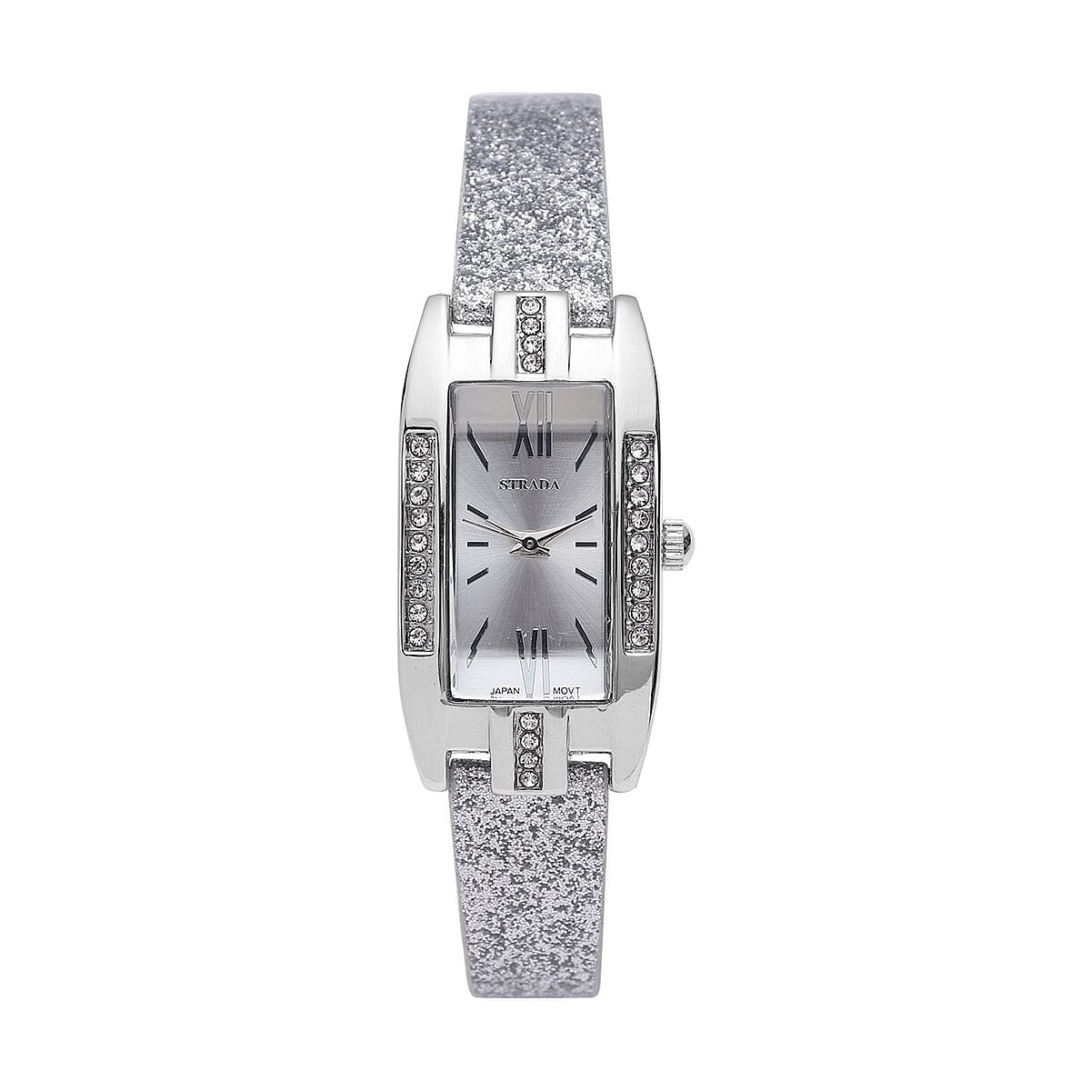 STRADA Austrian Crystal Japanese Movement Rectangular Dial Watch with Silver Stardust Faux Leather Strap (37.84x20.30mm) (5.50-7.70 Inches) image number 0