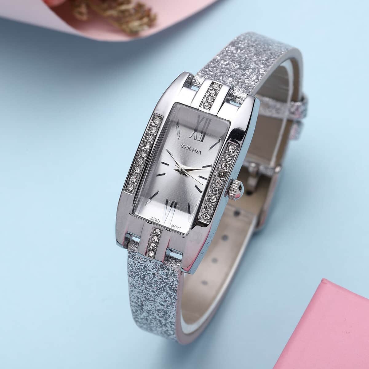 Strada Austrian Crystal Japanese Movement Rectangular Dial Watch with Silver Stardust Faux Leather Strap (37.84x20.30mm) (5.50-7.70 Inches) image number 1