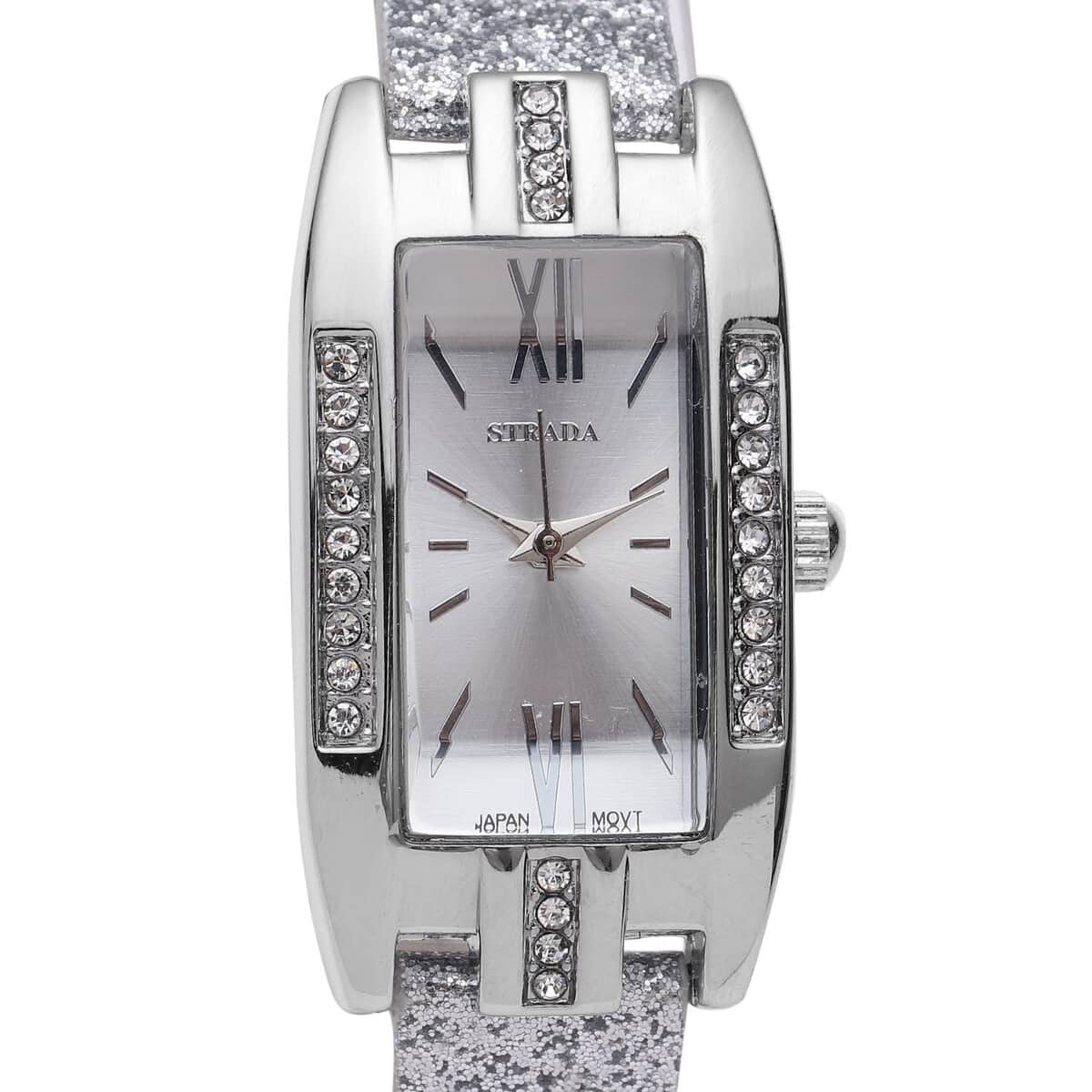 STRADA Austrian Crystal Japanese Movement Rectangular Dial Watch with Silver Stardust Faux Leather Strap (37.84x20.30mm) (5.50-7.70 Inches) image number 3