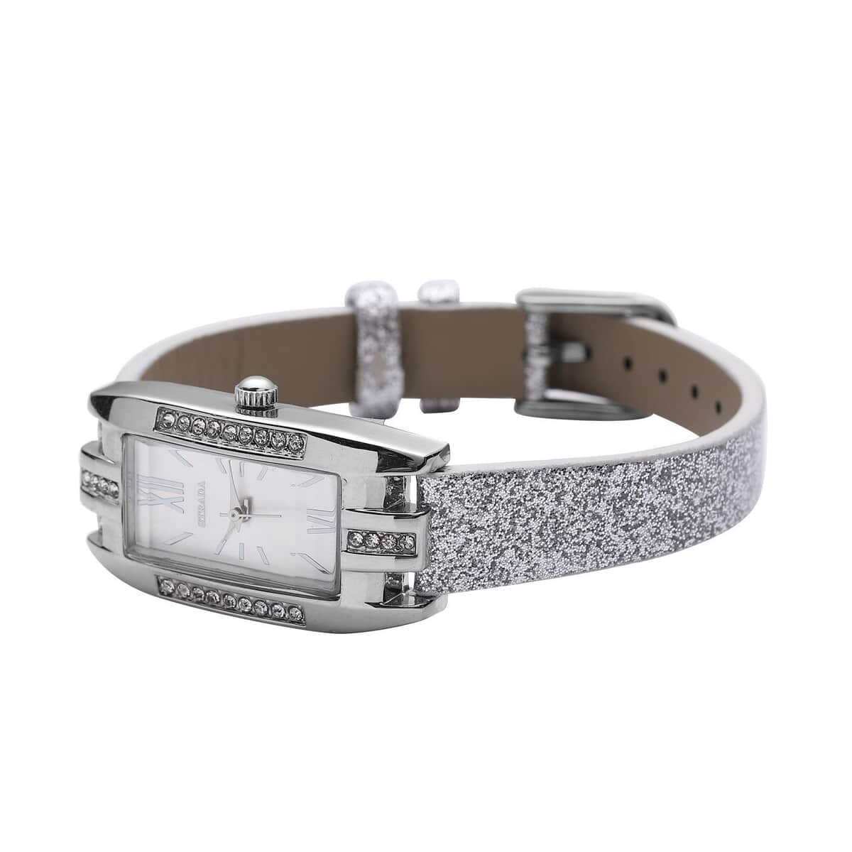 Strada Austrian Crystal Japanese Movement Rectangular Dial Watch with Silver Stardust Faux Leather Strap (37.84x20.30mm) (5.50-7.70 Inches) image number 4