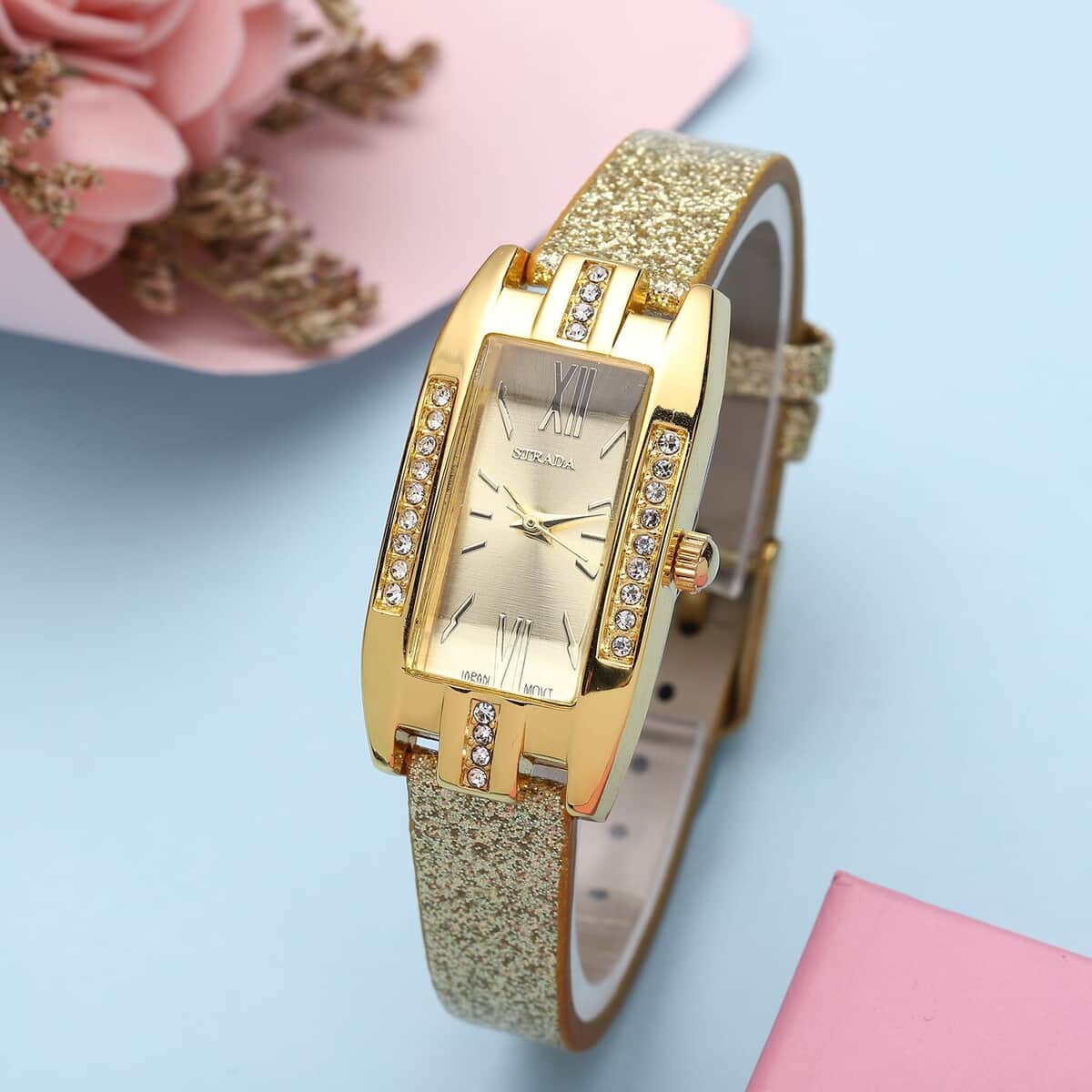 Strada Austrian Crystal Japanese Movement Rectangular Dial Watch with Gold Stardust Faux Leather Strap (37.84x20.30mm) (5.50-7.70 Inches) image number 1