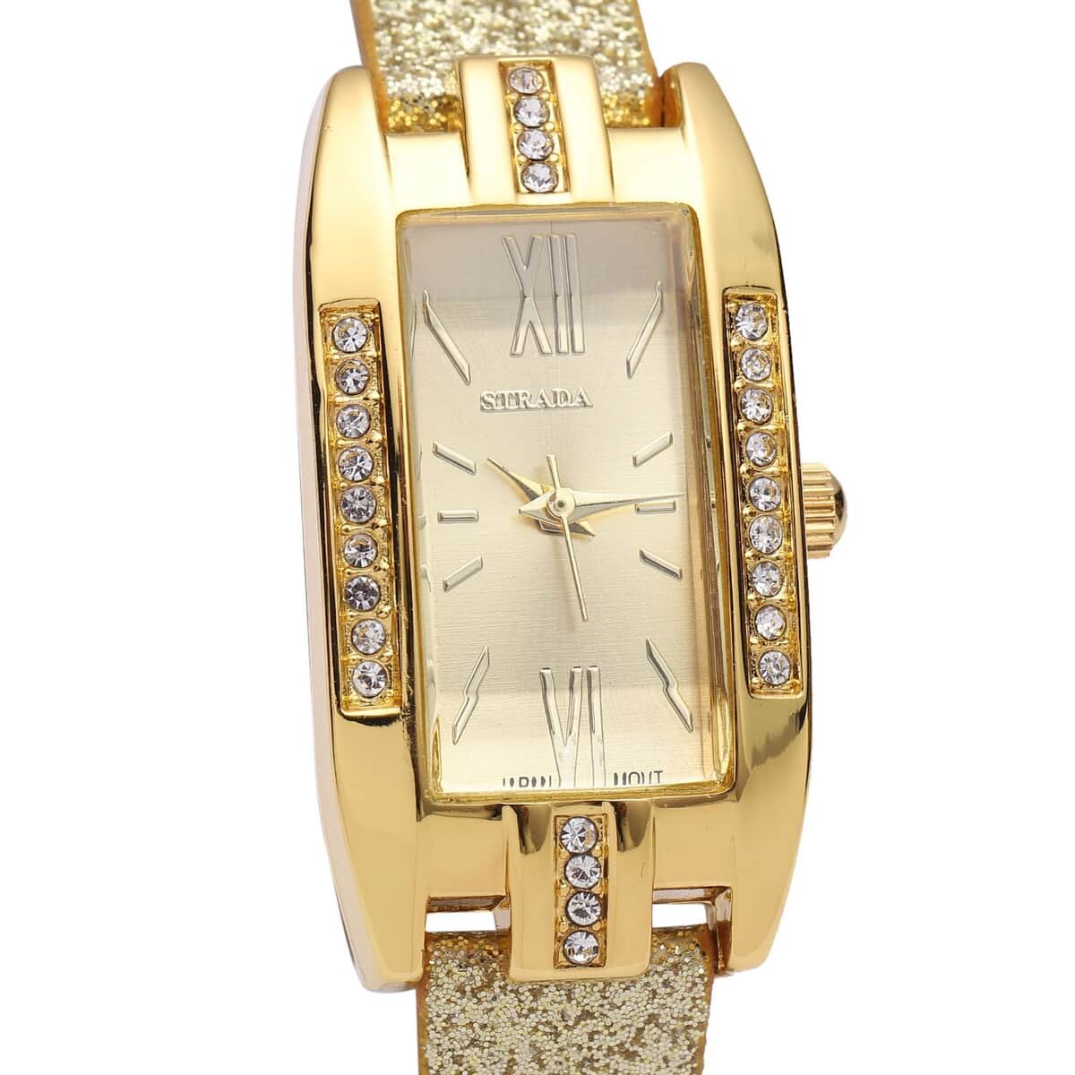 Strada Austrian Crystal Japanese Movement Rectangular Dial Watch with Gold Stardust Faux Leather Strap (37.84x20.30mm) (5.50-7.70 Inches) image number 3