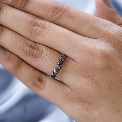 Black Diamond Band Ring in Rhodium and Platinum Over Sterling Silver (Size 10.0) 1.00 ctw