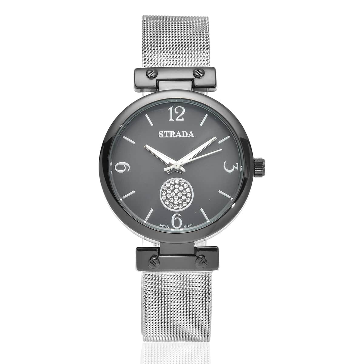 Strada Austrian Crystal Japanese Movement Black Dial Watch with Stainless Steel Mesh Strap (35mm) image number 0