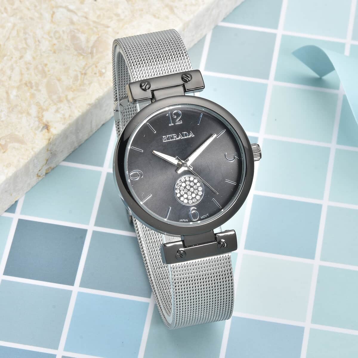 Strada Austrian Crystal Japanese Movement Black Dial Watch with Stainless Steel Mesh Strap (35mm) image number 1
