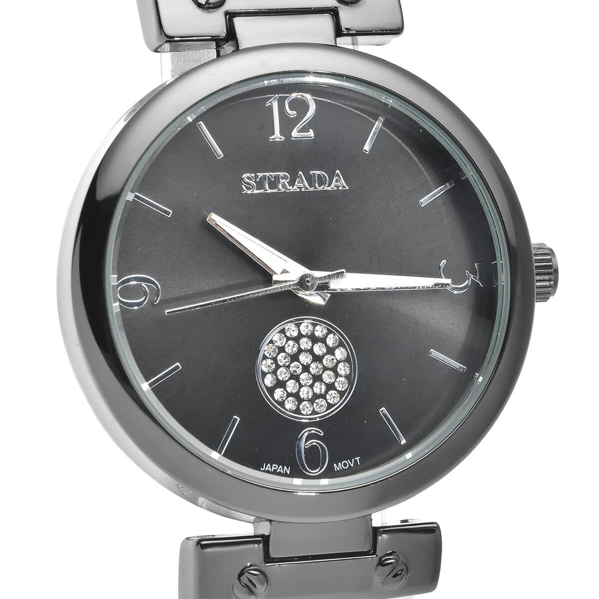 Strada Austrian Crystal Japanese Movement Black Dial Watch with Stainless Steel Mesh Strap (35mm) image number 3