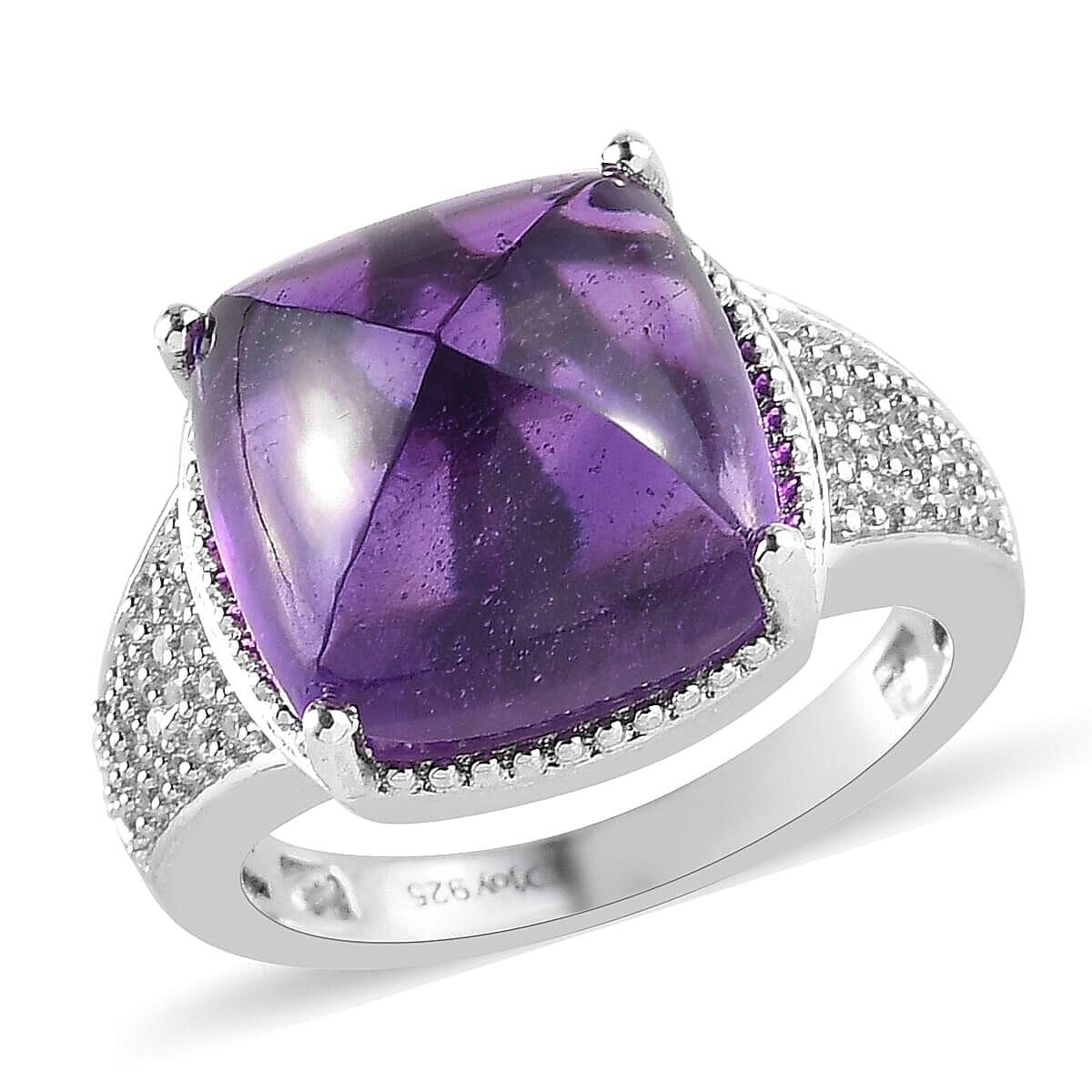 Sugarloaf Cut Amethyst and Natural White Zircon Ring in Platinum Over Sterling Silver (Size 10.0) 11.50 ctw