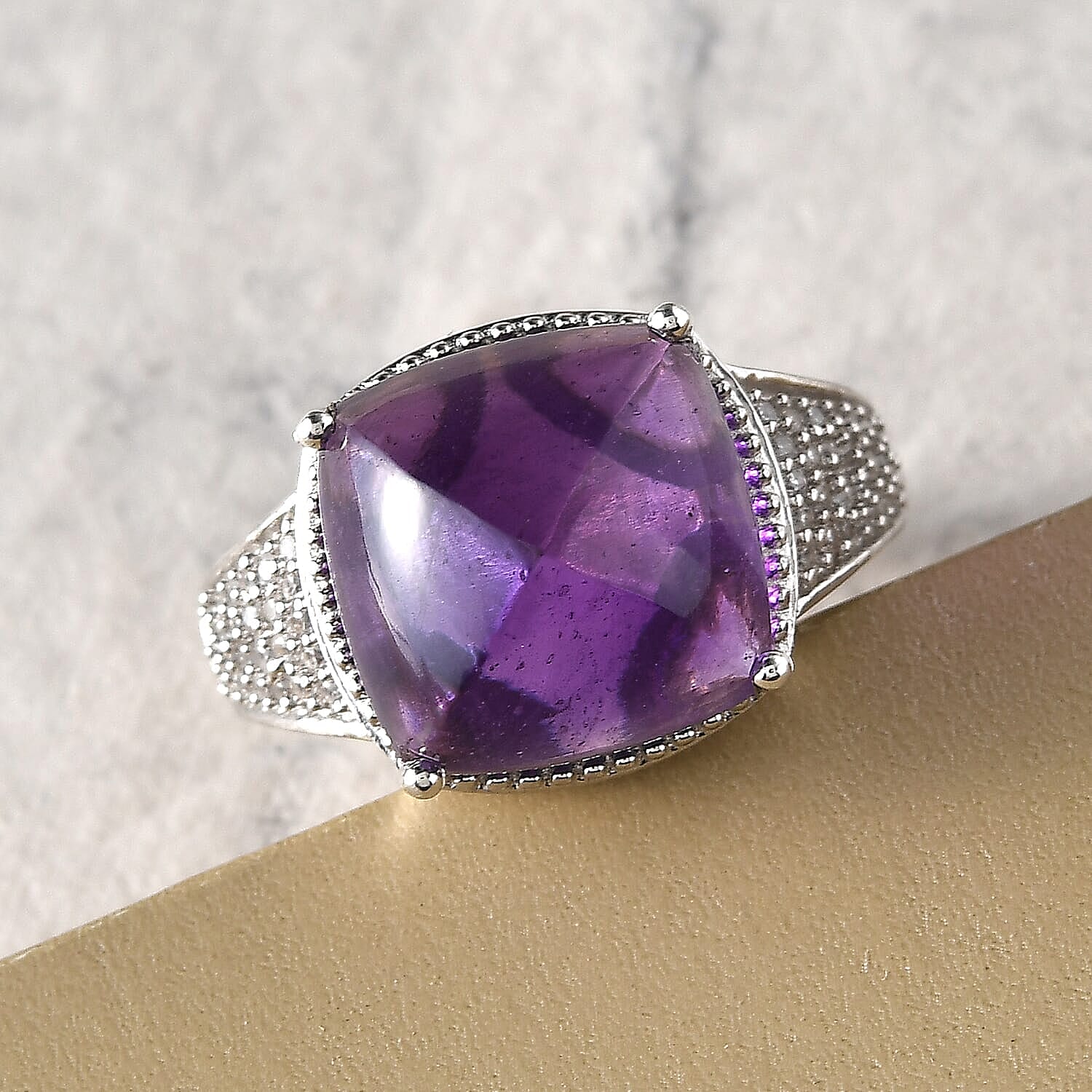 Sugarloaf Cut Amethyst and Natural White Zircon Ring in Platinum Over Sterling Silver (Size 10.0) 11.50 ctw
