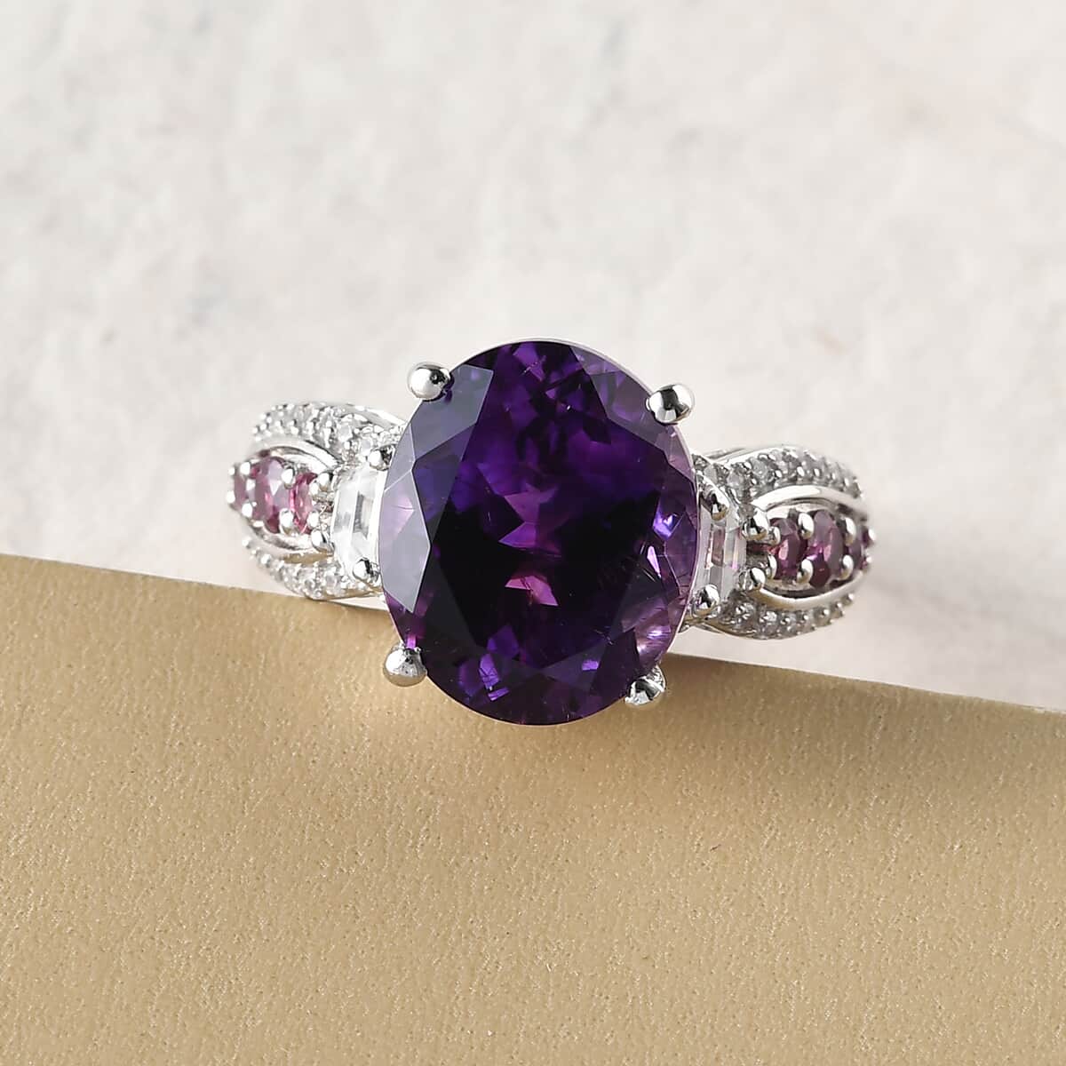 Moroccan Amethyst and Multi Gemstone Ring in Platinum Over Sterling Silver 5.70 ctw image number 1