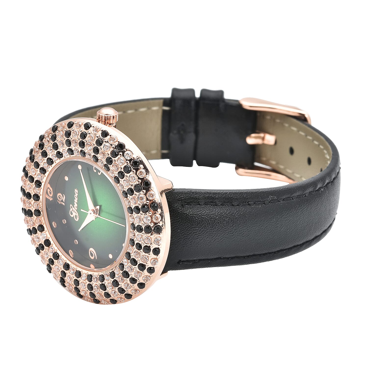 Genoa Thai Black Spinel and Simulated Diamond Miyota Japanese Movement Halo Watch in Rosetone with Black Genuine Leather Strap 4.00 ctw
