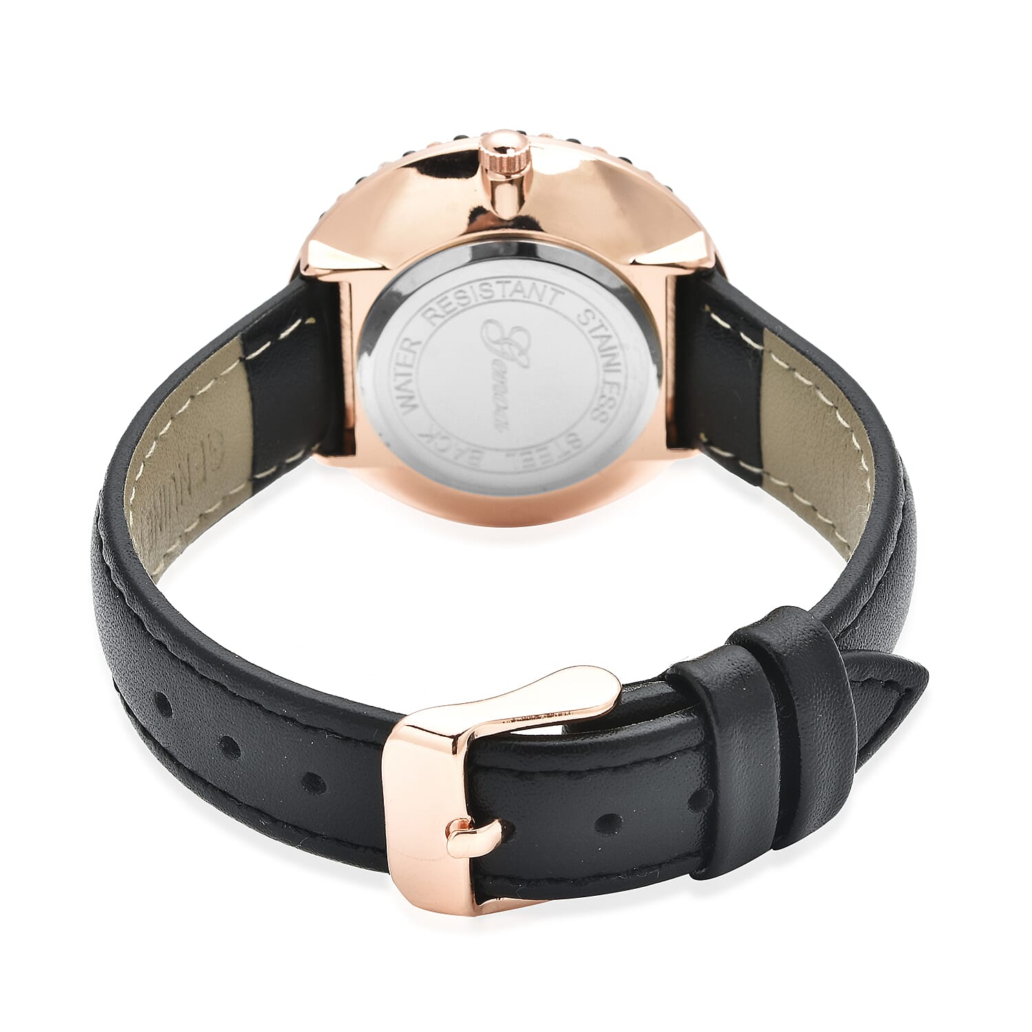 Genoa Thai Black Spinel and Simulated Diamond Miyota Japanese Movement Halo Watch in Rosetone with Black Genuine Leather Strap 4.00 ctw