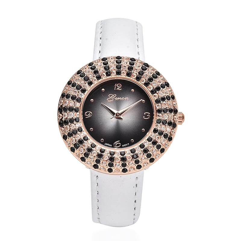 Genoa Thai Black Spinel and Simulated Diamond Miyota Japanese Movement Halo Watch in Rosetone with White Genuine Leather Strap 4.00 ctw
