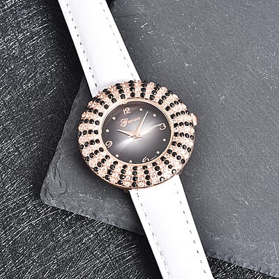 Genoa Thai Black Spinel and Simulated Diamond Miyota Japanese Movement Halo Watch in Rosetone with White Genuine Leather Strap 4.00 ctw