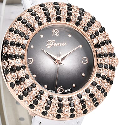 Genoa Thai Black Spinel and Simulated Diamond Miyota Japanese Movement Halo Watch in Rosetone with White Genuine Leather Strap 4.00 ctw