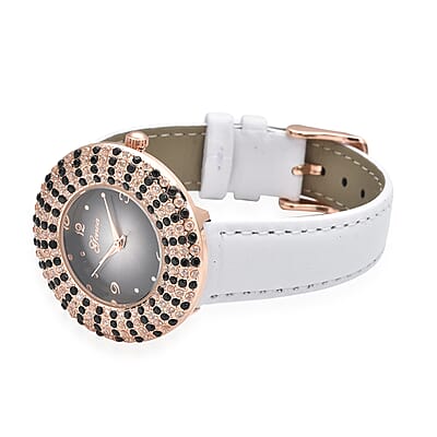 Genoa Thai Black Spinel and Simulated Diamond Miyota Japanese Movement Halo Watch in Rosetone with White Genuine Leather Strap 4.00 ctw