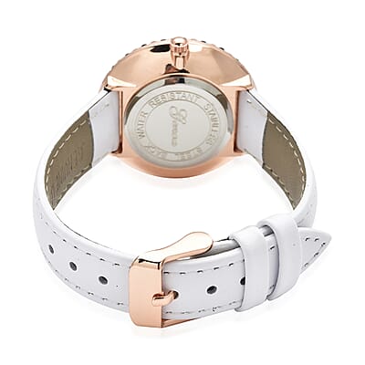 Genoa Thai Black Spinel and Simulated Diamond Miyota Japanese Movement Halo Watch in Rosetone with White Genuine Leather Strap 4.00 ctw