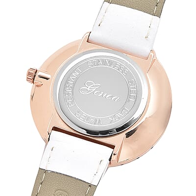 Genoa Thai Black Spinel and Simulated Diamond Miyota Japanese Movement Halo Watch in Rosetone with White Genuine Leather Strap 4.00 ctw