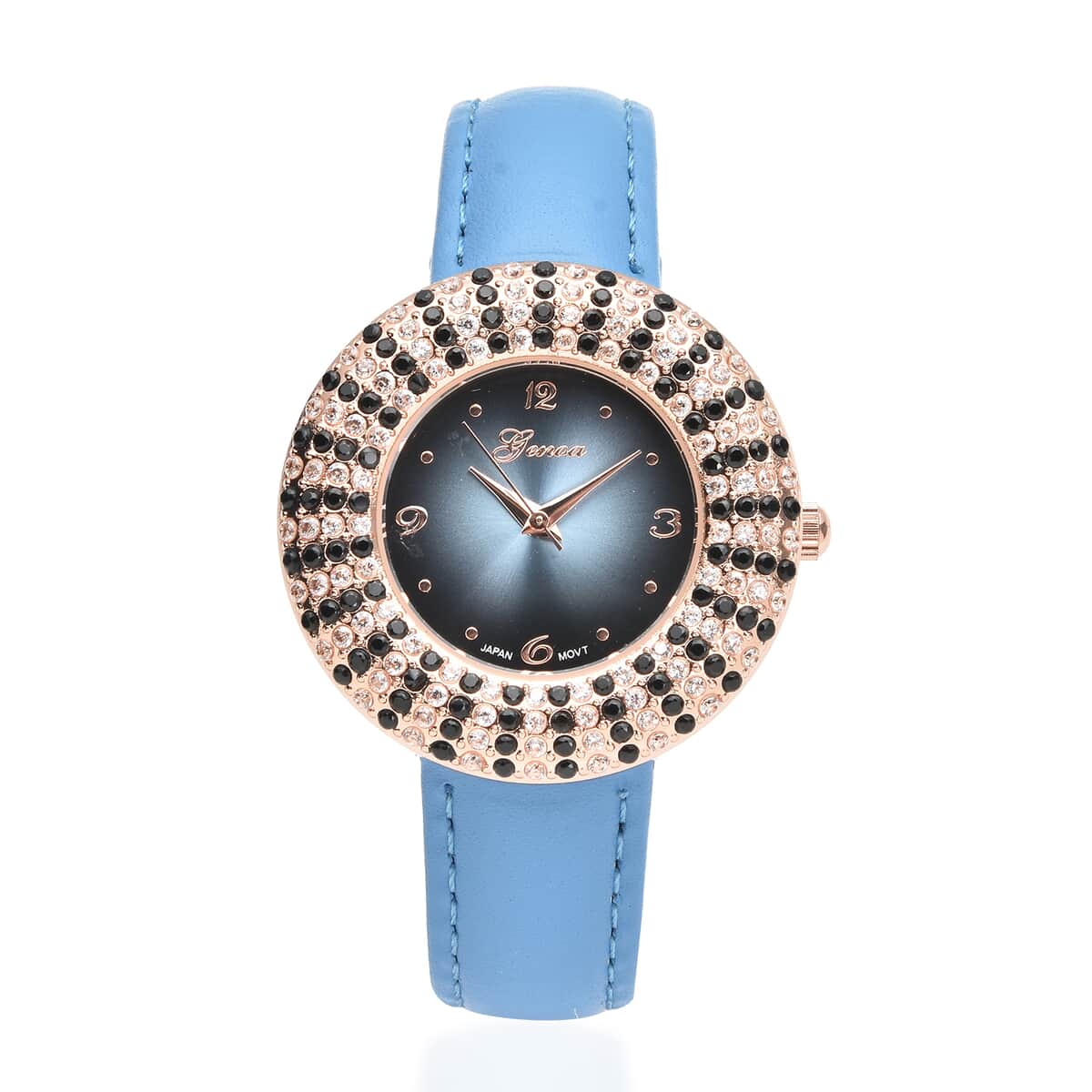Genoa Thai Black Spinel and Simulated Diamond Miyota Japanese Movement Halo Watch in Rosetone with Blue Genuine Leather Strap 4.00 ctw image number 0