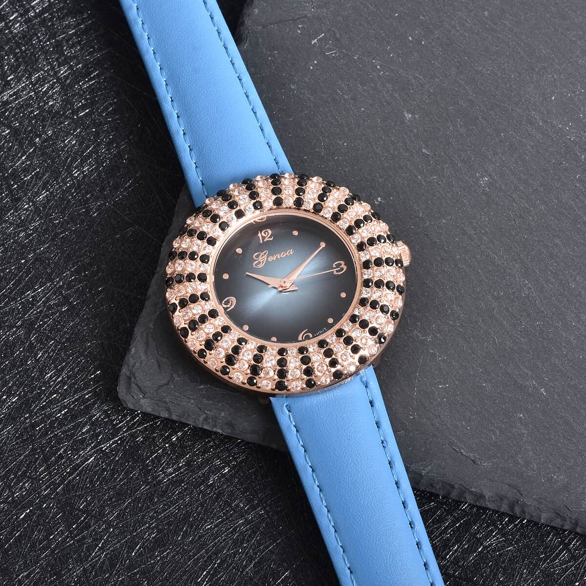 Genoa Thai Black Spinel and Simulated Diamond Miyota Japanese Movement Halo Watch in Rosetone with Blue Genuine Leather Strap 4.00 ctw image number 1