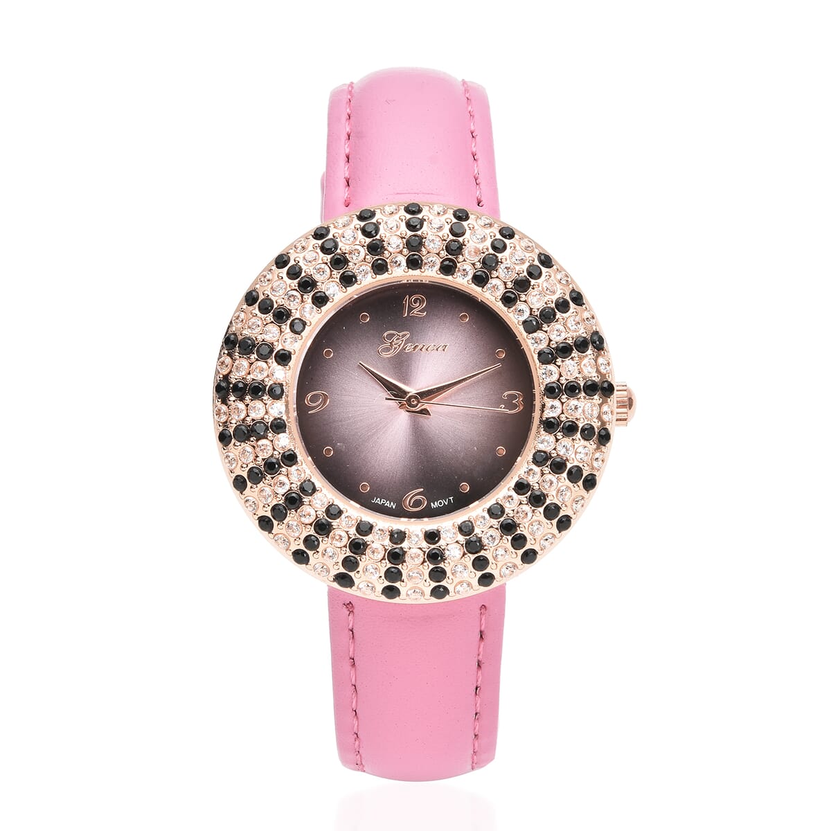 Genoa Thai Black Spinel and Simulated Diamond Miyota Japanese Movement Halo Watch in Rosetone with Pink Genuine Leather Strap 4.00 ctw image number 0
