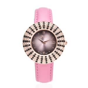 Genoa Thai Black Spinel and Simulated Diamond Miyota Japanese Movement Halo Watch in Rosetone with Pink Genuine Leather Strap 4.00 ctw