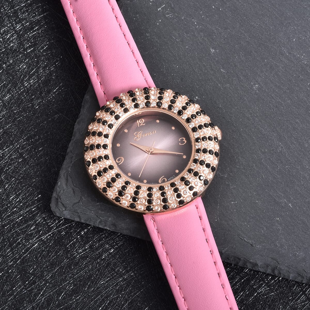Genoa Thai Black Spinel and Simulated Diamond Miyota Japanese Movement Halo Watch in Rosetone with Pink Genuine Leather Strap 4.00 ctw image number 1
