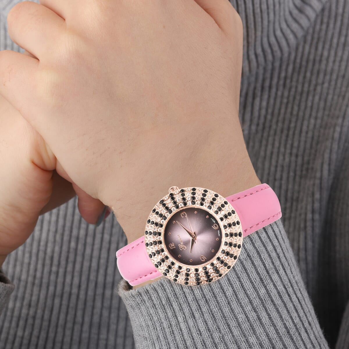 Genoa Thai Black Spinel and Simulated Diamond Miyota Japanese Movement Halo Watch in Rosetone with Pink Genuine Leather Strap 4.00 ctw image number 2