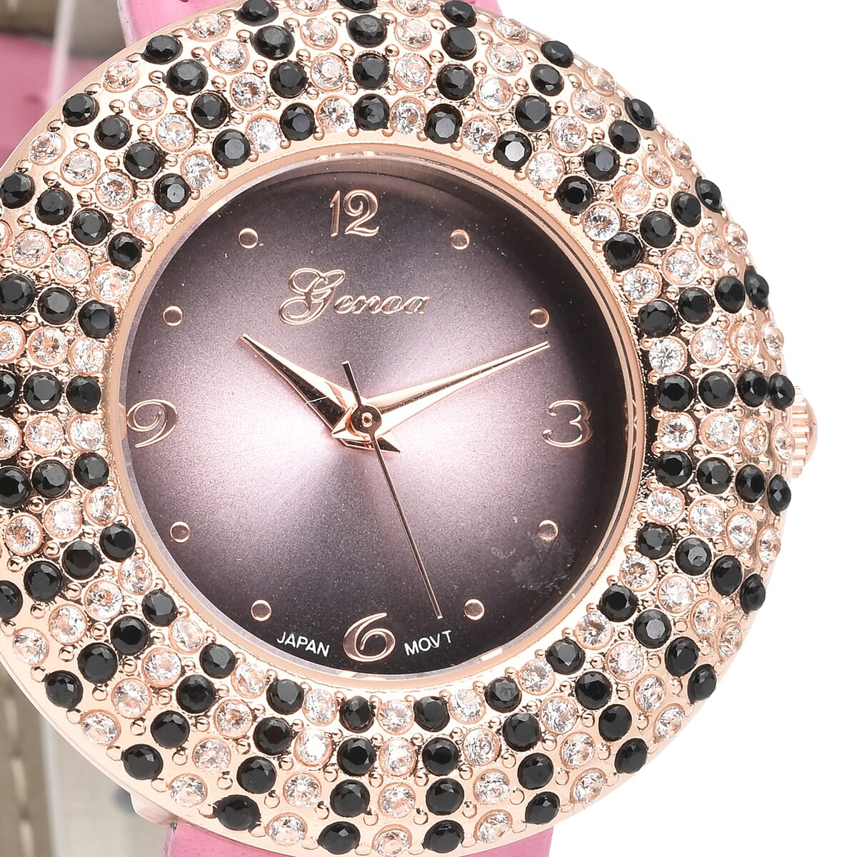 Genoa Thai Black Spinel and Simulated Diamond Miyota Japanese Movement Halo Watch in Rosetone with Pink Genuine Leather Strap 4.00 ctw image number 3