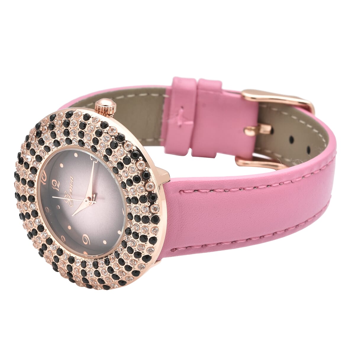 Genoa Thai Black Spinel and Simulated Diamond Miyota Japanese Movement Halo Watch in Rosetone with Pink Genuine Leather Strap 4.00 ctw image number 4